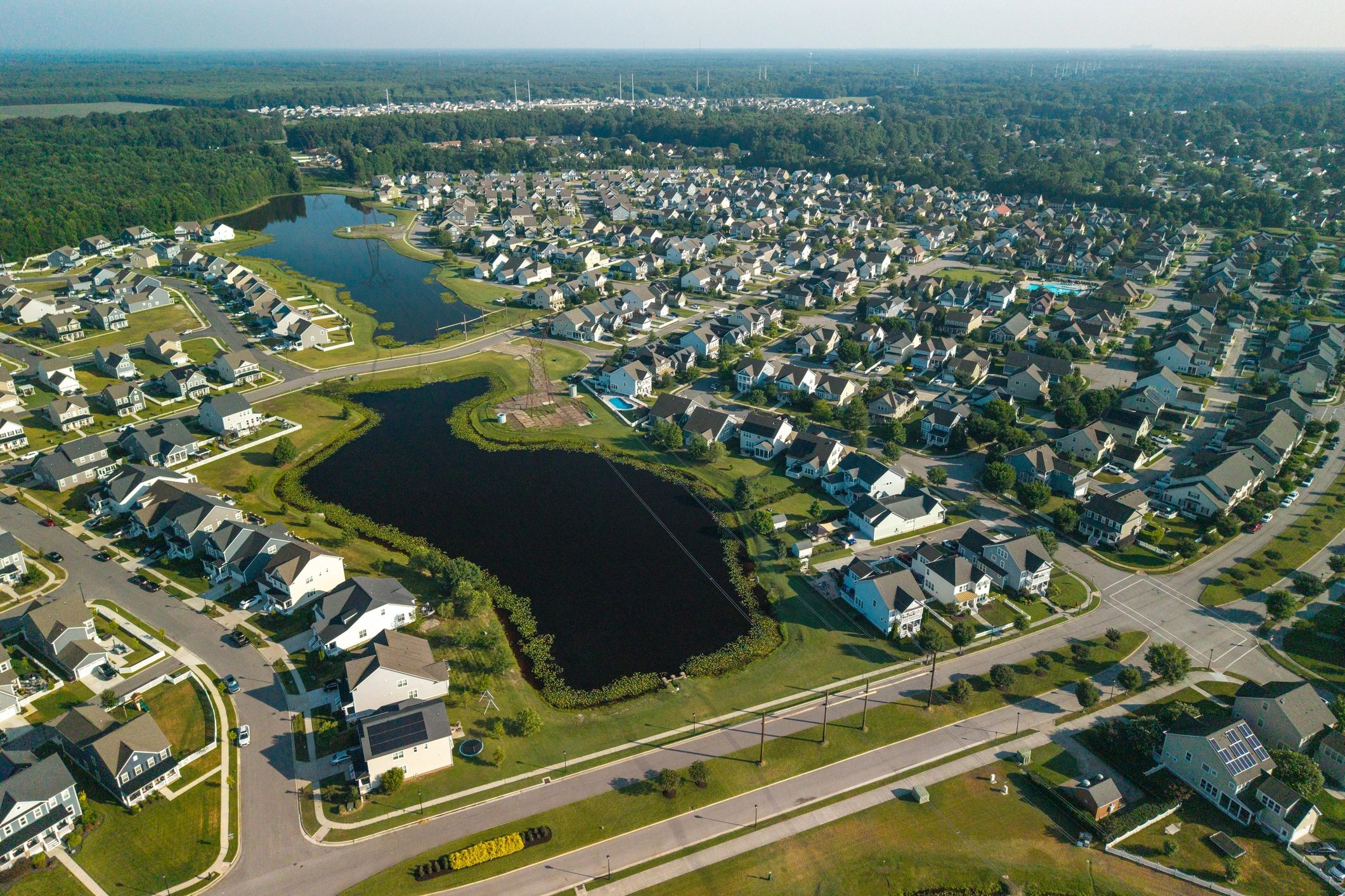 Aerial view of a suburban residential neighborhood